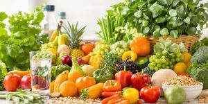 Fresh fruits, vegetables, and grains for healthy blood sugar.